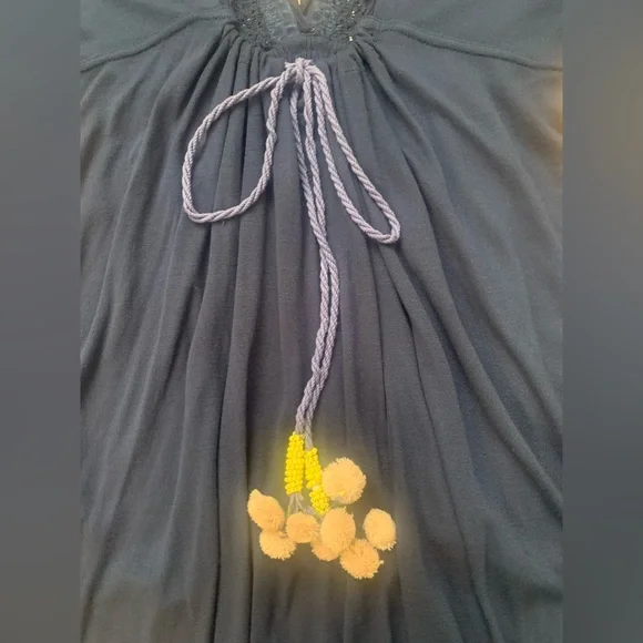 EUC FREE PEOPLE NAVY-BLUE FLORAL FLUTED HI-LOW DEEP V-NECK BLOUSE SIZE XS/FITS S - Picture 10 of 14